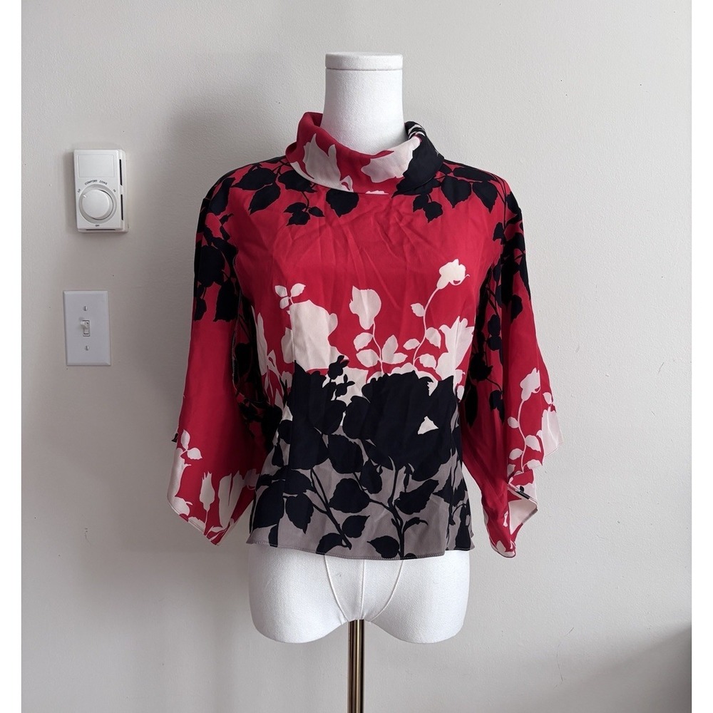 Y2K Asia Inspired SILK Kimono Sleeve Top Sportmax Pura Seta Floral Red Black 4